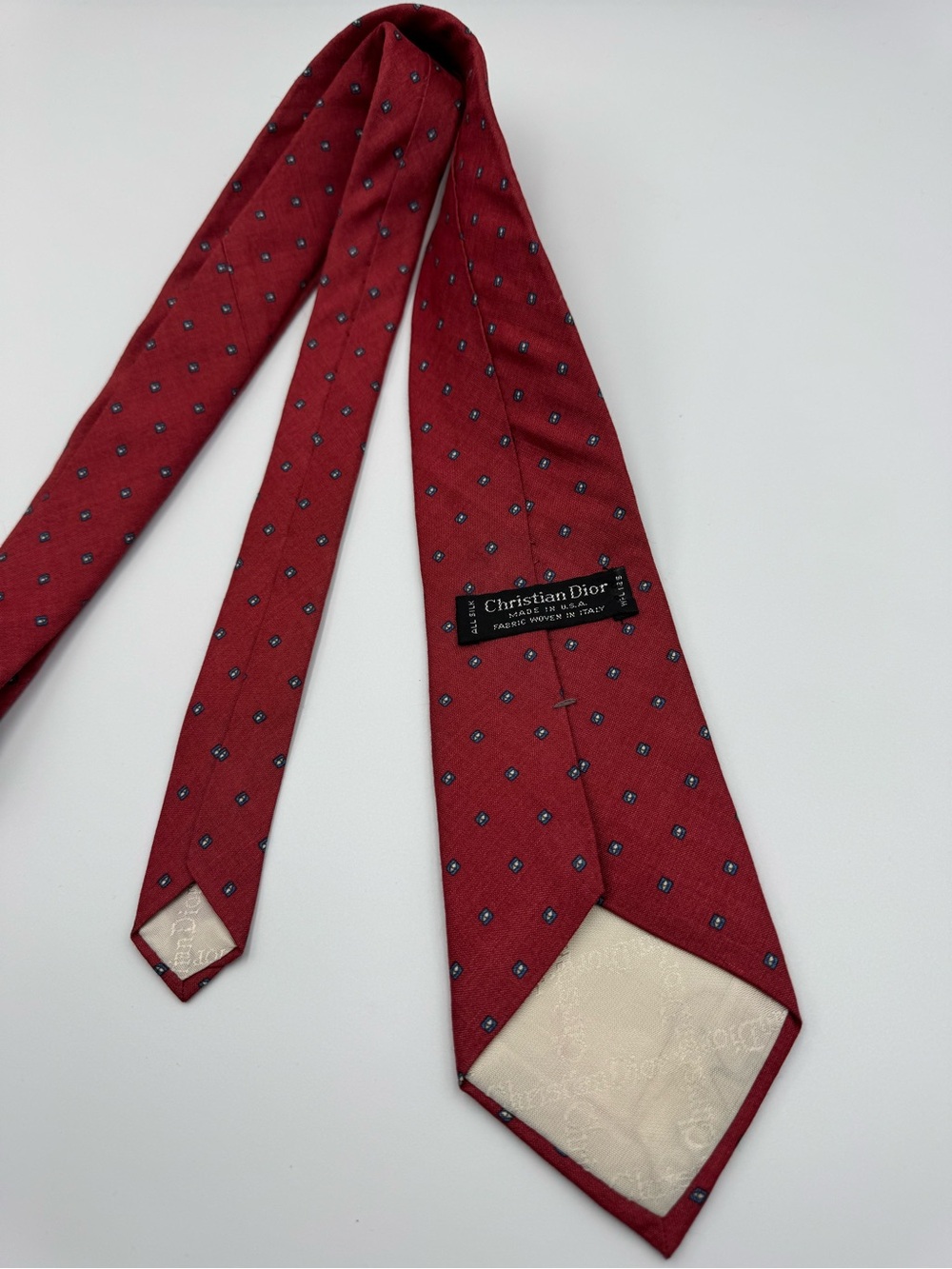 Vintage Christian Dior Red Tie with Small Navy and Yellow Dot Pattern 100% Silk